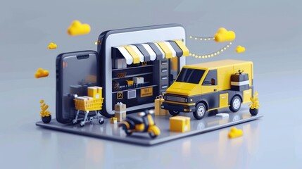 Poster - 3D vector illustration of a digital online shop with a black and yellow delivery truck, van, and scooter on a mobile phone screen, representing global logistics