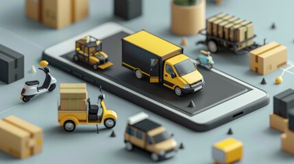 Poster - 3D vector illustration of a digital online shop with a black and yellow delivery truck, van, and scooter on a mobile phone screen, representing global logistics