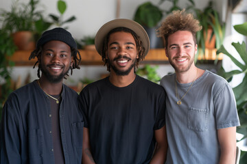 Three young diverse  men stand side-by-side in an office space, smiling and looking at the camera. Small business concept, florist, floral studio