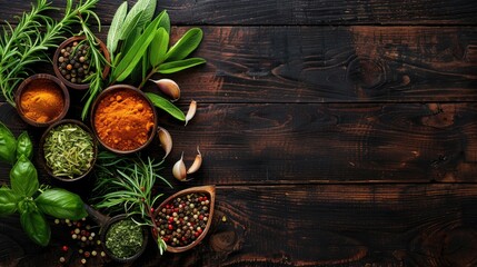 Sticker - Variety of herbs and spices on dark wooden background Top down view with space for text