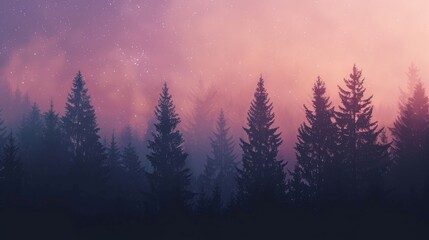Poster - Aesthetic gradient of cosmic violet and pink starry sky with silhouetted forest trees, creating a stunning phone wallpaper