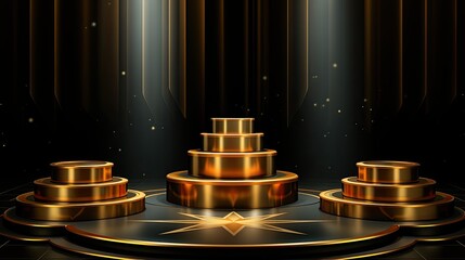 Canvas Print - '3D podium pedestal gold copper rim frame Hand geometric shapes Black background product promotion Abstract platform Art deco banner Minimalist mockup render copy poduim three-dimensional dais 