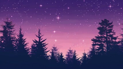 Poster - Aesthetic gradient of cosmic violet and pink starry sky with silhouetted forest trees, creating a stunning phone wallpaper