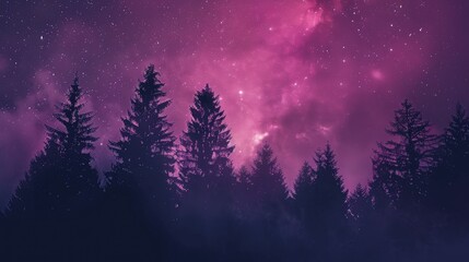 Poster - Aesthetic gradient of cosmic violet and pink starry sky with silhouetted forest trees, creating a stunning phone wallpaper