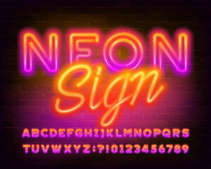 Aufkleber - Neon Sign alphabet font. Colorful bright neon letters, numbers and symbols. Stock vector typescript for your design.