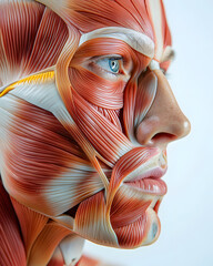 Wall Mural - Side view of a young man face internal muscles anatomy isolated on white background