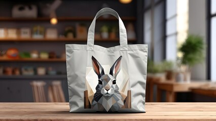 Modern tote bag with geometric rabbit design in neutral colors, eco-friendly fashion accessory. Generative AI