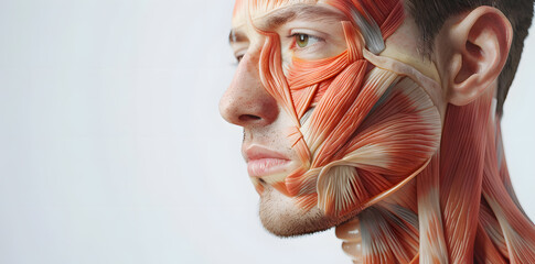 Wall Mural - Side view of a young man face internal muscles anatomy isolated on white background