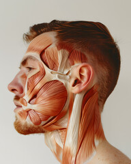 Wall Mural - Side view of a young man face internal muscles anatomy isolated on white background