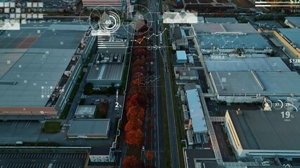 Poster - Composited image of drone aerial view of modern industrial area and statistics data concept.