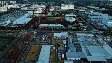 Poster - Composited image of drone aerial view of modern industrial area and statistics data concept.
