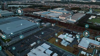 Aufkleber - Composited image of drone aerial view of modern industrial area and digital technology concept.
