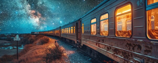 Night train journey under a starry sky, lights glowing from the windows, peaceful and serene atmosphere, copy space, perfect for nighttime travel and tranquility.