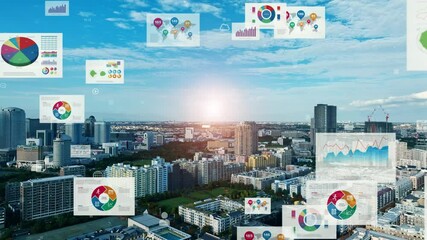 Aufkleber - Composited image of drone aerial view of modern city and business marketing data concept.