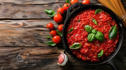 Canvas Print - View of spaghetti sauce in cast iron pan on wooden surface with copy space