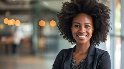 Sticker - Successful business woman looking confident and smiling: A portrait of a confident and smiling businesswoman, showcasing her success and positive demeanor in a professional environment.