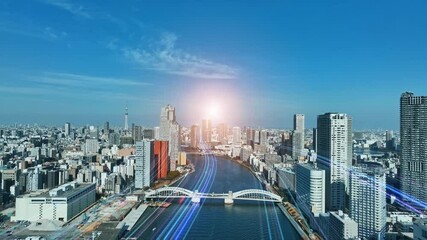 Poster - Composited image of drone aerial view of modern city and a path of light leading to the future.