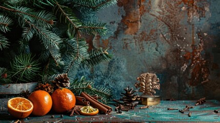 Canvas Print - Antique backdrop featuring candied oranges cinnamon and fir tree