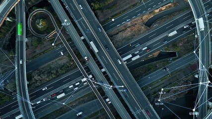 Poster - Composited image of drone aerial view of modern highway with cars running and communication network concept.