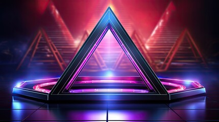 Sticker - 3d render, abstract geometric background with neon triangular frame glowing with gradient light in the dark. Modern showcase for product presentation  