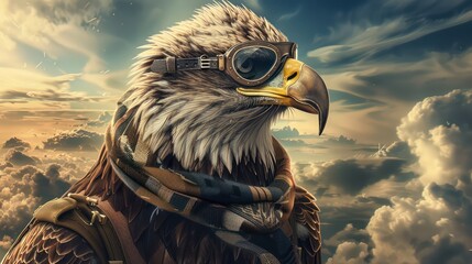 Wall Mural - eagle as a pilot, with aviator glasses and a scarf, on a cloudy sky backdrop