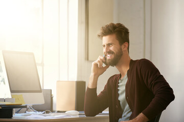 Aufkleber - Small business, businessman and cellphone for phone call, smile and creative networking in office. Web designer, communication and planning in workplace for startup, pride or confidence with talking