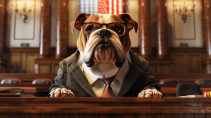 Wall Mural - bulldog as a lawyer, wearing a suit and glasses, on a courtroom backdrop