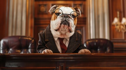 Wall Mural - bulldog as a lawyer, wearing a suit and glasses, on a courtroom backdrop