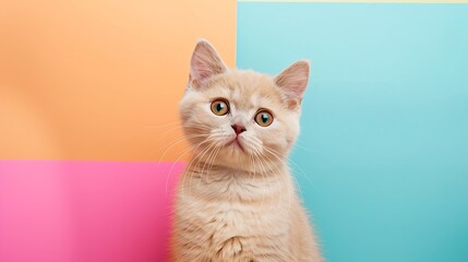 Wall Mural - Crazy beige shorthair pedigree cat isolated on colorful background