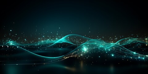 Leinwandbilder - Background with light lines and dots in the shape of waves. A background with a technology style and vector graphics. Network connections are in the top right corner with a futuristic design.