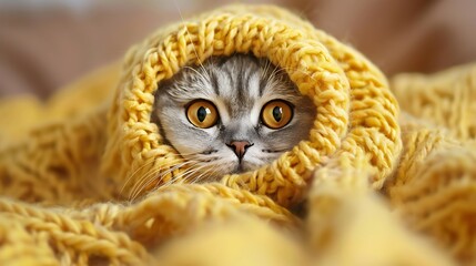 Sticker - Cute beautiful cat scottish fold stuck her head out of the yellow yarn of wool and looks with excitement