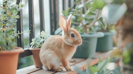 Wall Mural - cute bunny rabbit sitting on the balcony near the designated working area