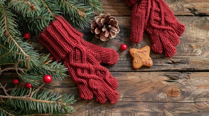 Poster - Festive arrangement on wooden surface with cozy gloves holiday biscuit and evergreen twigs