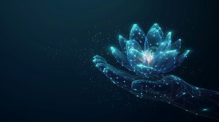 Wall Mural - hand holding futuristic digital lotus flower for future modern flower beauty concept.
