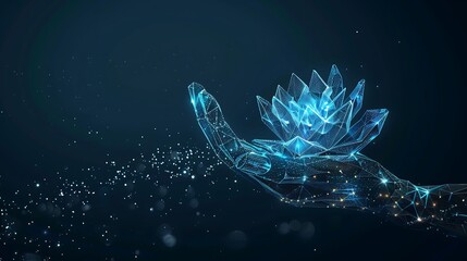 Wall Mural - hand holding futuristic digital lotus flower for future modern flower beauty concept.