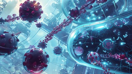Poster - Futuristic Cityscape skyscrapers with hologram Structure Representation of shining Viruses floating.