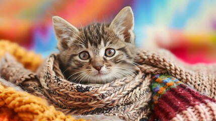 Wall Mural - Cute kitten wearing fur scarf lying and looking at camera isolated on colorful background