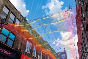 a rainbow made of lights hanging over the street in soho, london, on building wall, colourful, vibrant, summer, blue sky, photo realistic, photography