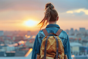 A back view of a teenage girl with a backpack traveling alone