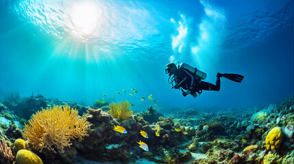 Scuba diver exploring sea, water sports concept