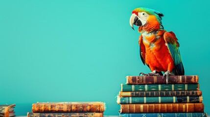 parrot as a multilingual translator, with dictionaries against a bright cyan backdrop