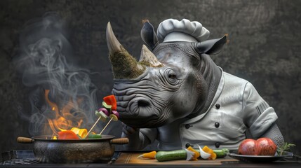 Wall Mural - rhino in a chef's uniform, grilling vegetables, on a charcoal grey background