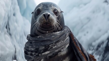 Wall Mural - seal as an arctic explorer, with a scarf against an icy white backdrop