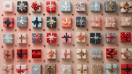 A flat lay of colorful wrapped gifts in a grid pattern.