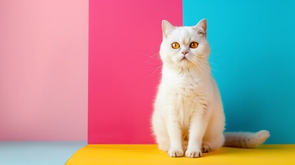 Wall Mural - Funny white cat of the breed Scottish straight sits isolated on colorful background