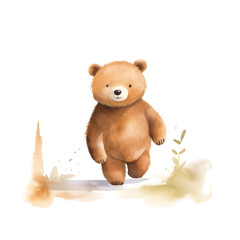 brown teddy bear walking, front view of watercolor painting, clipart object