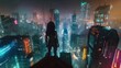 © Agus - A person is walking down a street with neon signs and smoke in the cyberpunk city background