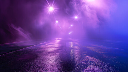 Wall Mural - an ultraviolet background depicting an empty, foggy street with wet asphalt, illuminated by searchli