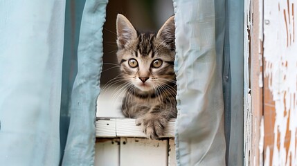 Kitten a pose in window treatment