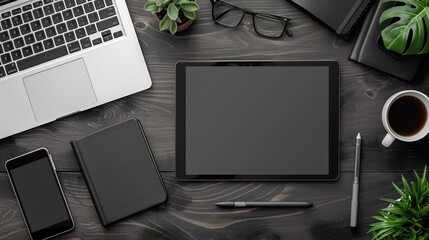 Top view clear and sharp flat lay of a modern office setup with a laptop, tablet, and stylus, highly detailed